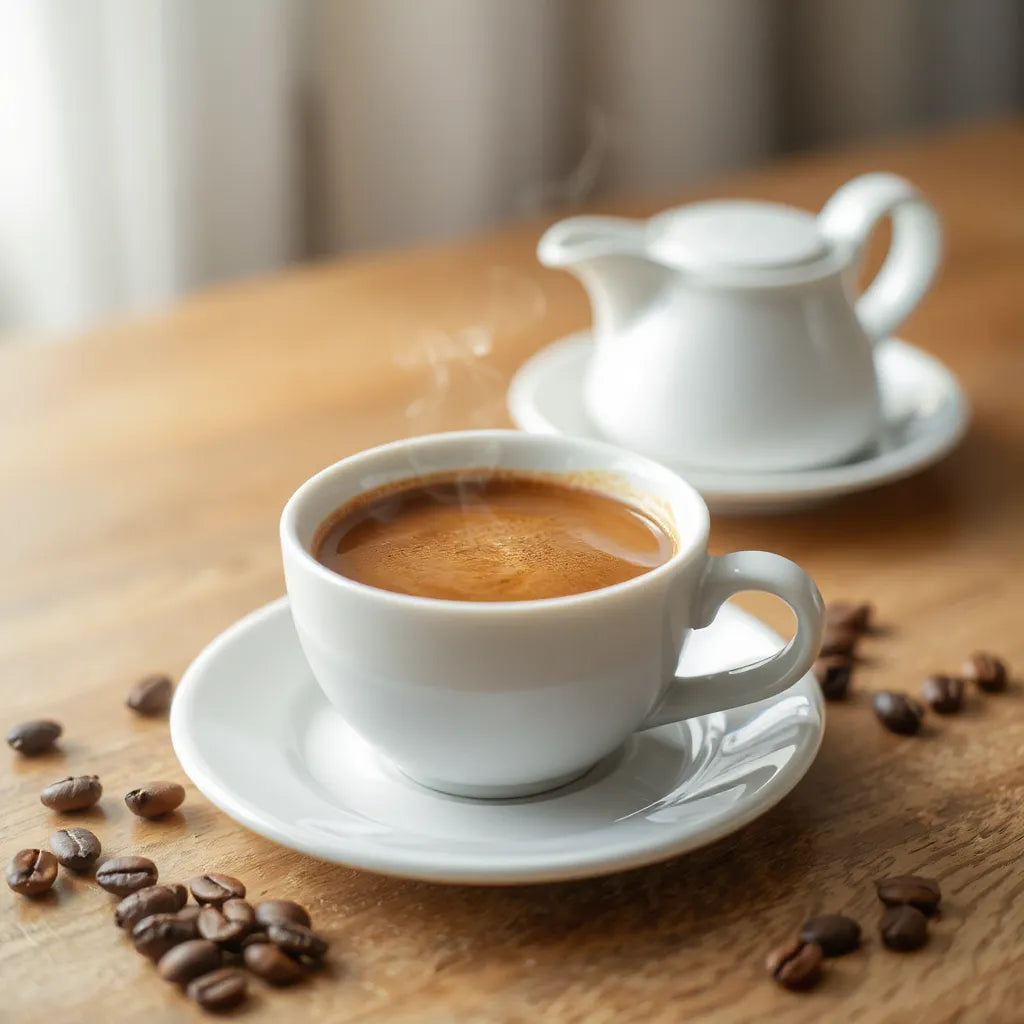 A fresh cup of smooth coffee with light steam, a saucer, and a few coffee beans on a wooden table